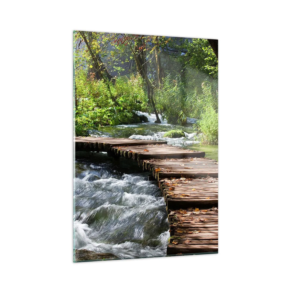Cuadro sobre vidrio - Impresiones sobre Vidrio - Un puente de madera sobre un arroyo caudaloso - 50x70cm - Sobre una cascada de espuma - Decoración de pared moderna para salón y dormitorio ARTTOR