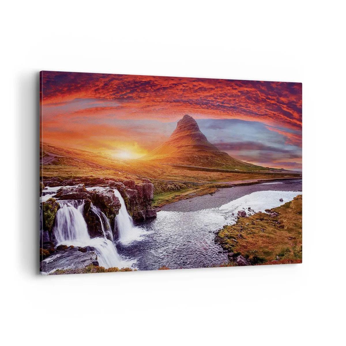 Cuadro sobre lienzo - Impresión de Imagen - Paisaje de montaña con cascada al atardecer. - 120x80cm - Una vista de la Tierra Media - Decoración de pared moderna para salón y dormitorio ARTTOR