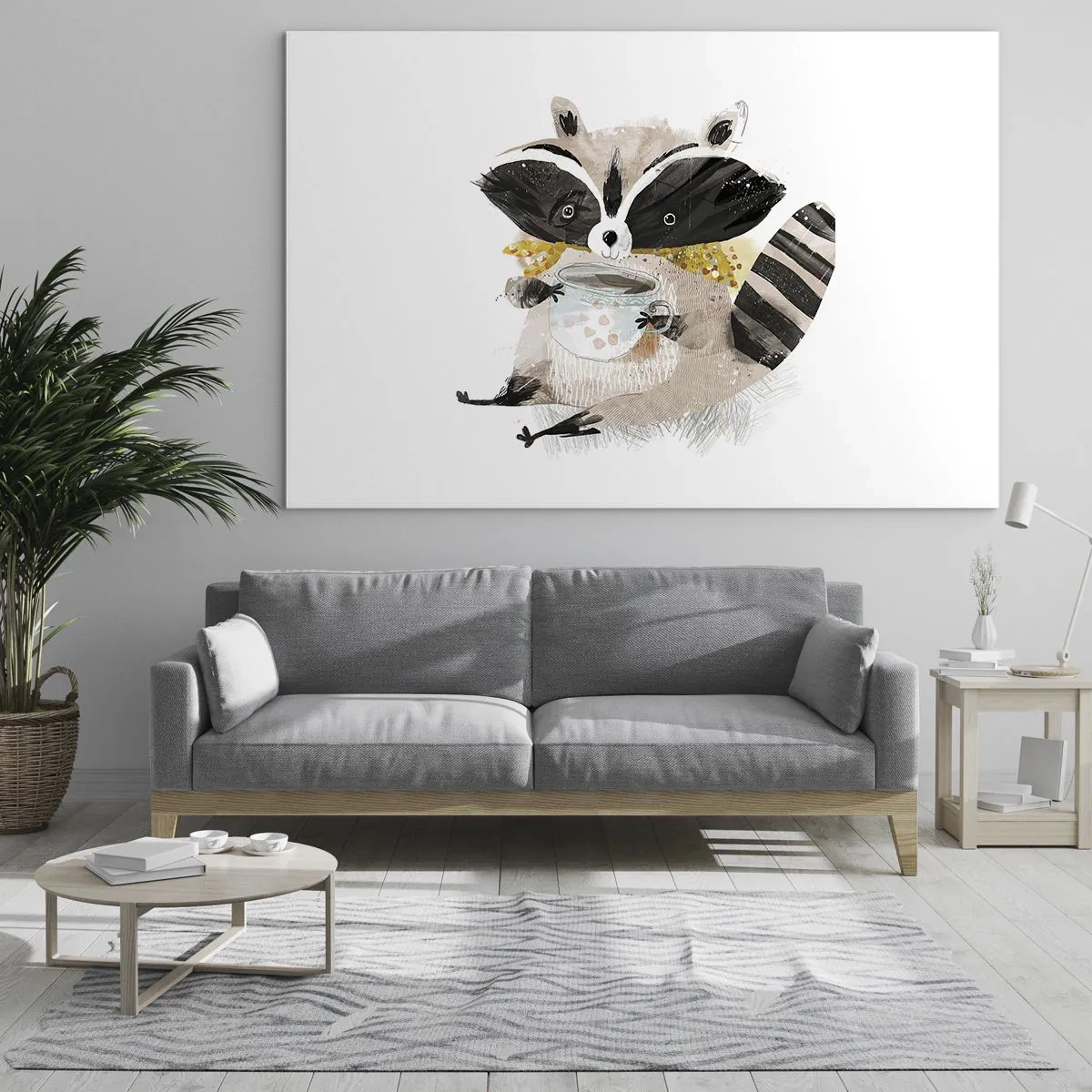 Cuadro sobre vidrio - Impresiones sobre Vidrio - Un lindo mapache sosteniendo una taza de bebida. - 70x50cm - Mi amigo mapache - Decoración de pared moderna para salón y dormitorio ARTTOR