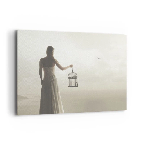 Cuadro sobre lienzo - Impresión de Imagen - Una mujer con una jaula contra un cielo en calma. - 100x70cm - Sé libre - Decoración de pared moderna para salón y dormitorio ARTTOR