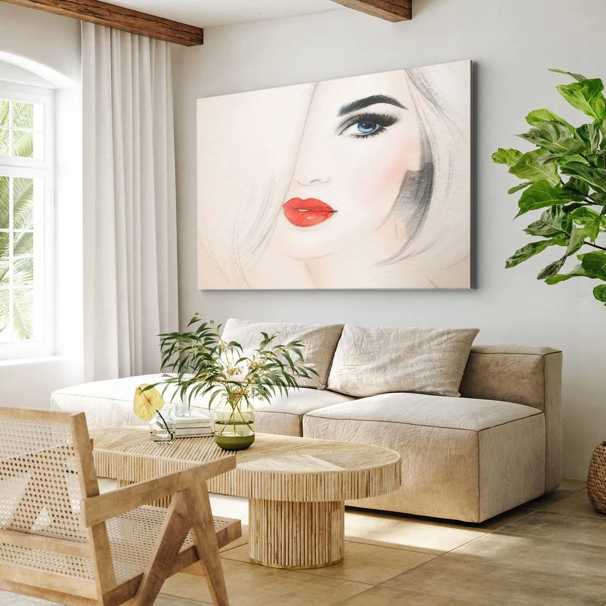 Cuadro sobre lienzo - Impresión de Imagen - Un retrato minimalista de una mujer con ojos azules y labios rojos. - 100x70cm - Hipnotiza y embriaga - Decoración de pared moderna para salón y dormitorio ARTTOR