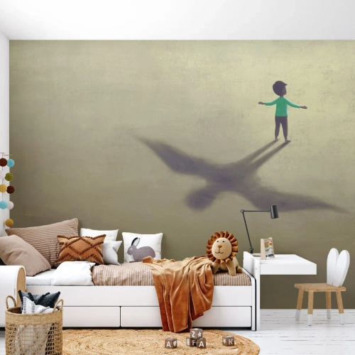 Fotomural Standard Eco - Silueta de un niño con una sombra en forma de pájaro en el suelo. - 100x70cm - Héroe del futuro - Decoración de pared moderna para salón y dormitorio ARTTOR