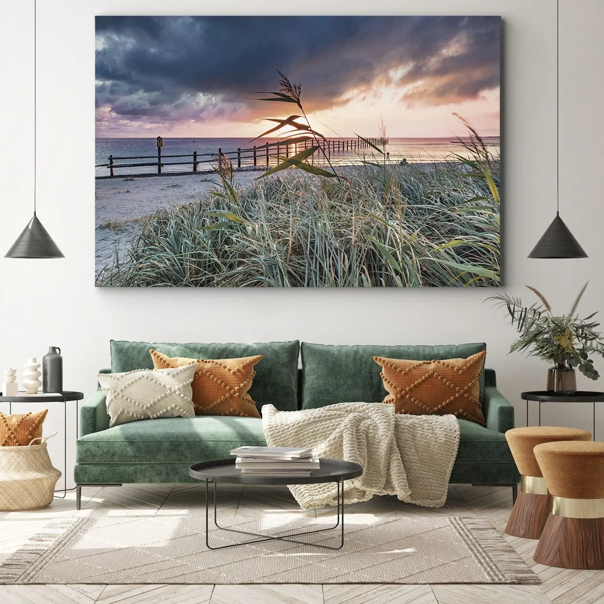 Cuadro sobre lienzo - Impresión de Imagen - Playa al atardecer con hierbas en primer plano - 120x80cm - Bailando con el viento - Decoración de pared moderna para salón y dormitorio ARTTOR