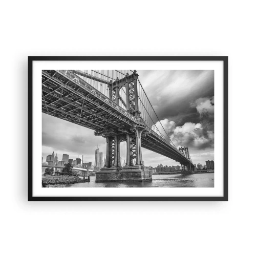 Póster en marco negro - Un puente en blanco y negro con vista a la ciudad. - 70x50cm - Al corazón de la ciudad - Decoración de pared moderna para salón y dormitorio ARTTOR