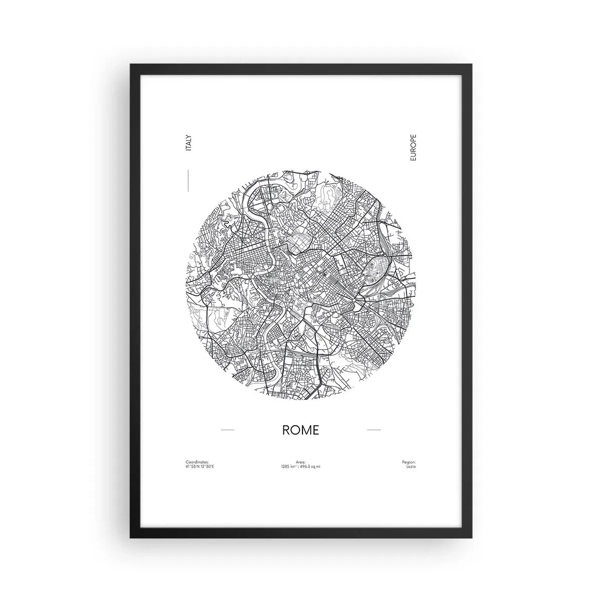 Póster en marco negro - Un mapa minimalista de Roma en blanco y negro. - 50x70cm - Anatomía de Roma - Decoración de pared moderna para salón y dormitorio ARTTOR