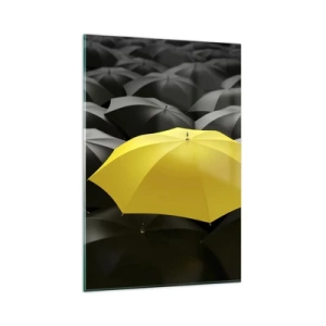 Cuadro sobre vidrio - Impresiones sobre Vidrio - Un paraguas amarillo entre paraguas negros. - 80x120cm - Adiós a la tristeza - Decoración de pared moderna para salón y dormitorio ARTTOR