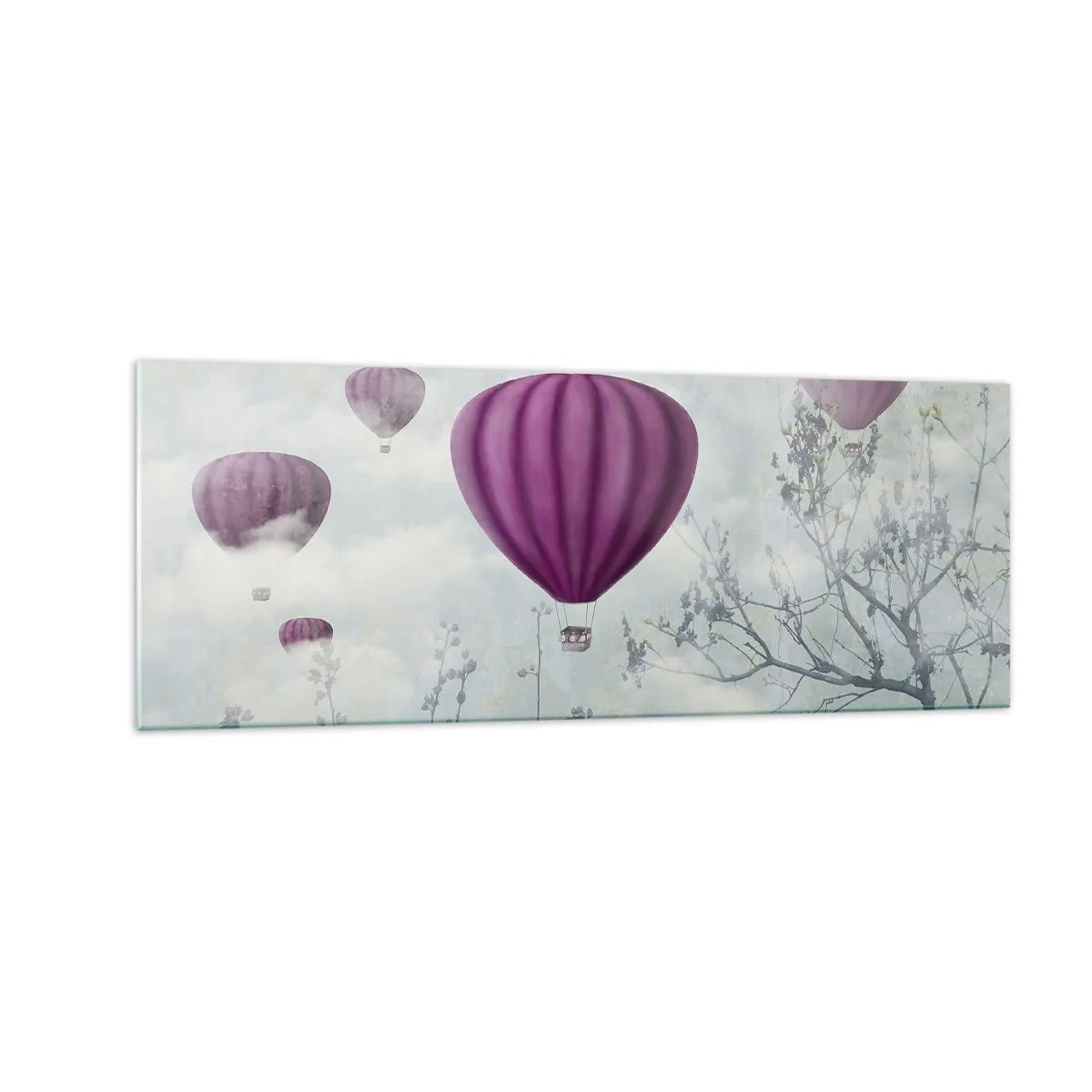 Cuadro sobre vidrio - Impresiones sobre Vidrio - Globos morados flotando sobre los árboles en las nubes. - 140x50cm - Surcando los cielos - Decoración de pared moderna para salón y dormitorio ARTTOR