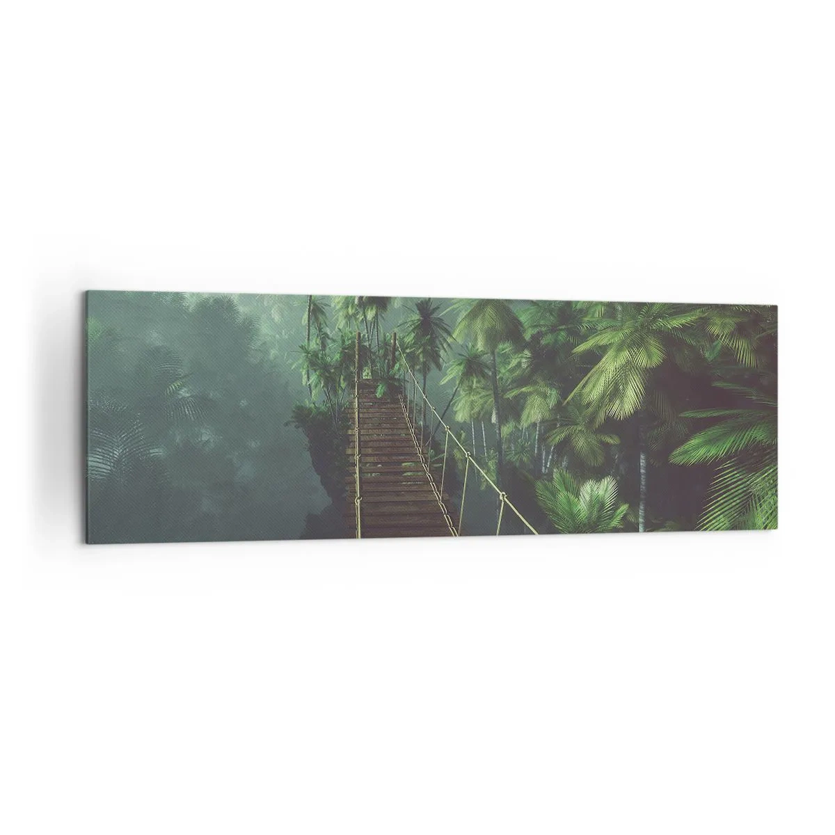 Cuadro sobre lienzo - Impresión de Imagen - Un puente colgante en un bosque tropical rodeado de niebla. - 160x50cm - Sobre un mar de verde - Decoración de pared moderna para salón y dormitorio ARTTOR