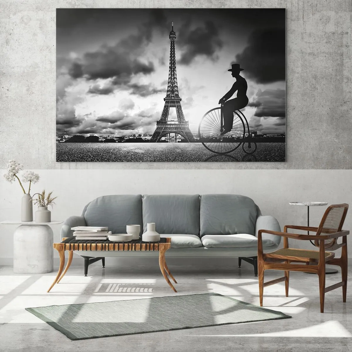 Cuadro sobre vidrio - Impresiones sobre Vidrio - Torre Eiffel con bicicleta retro en blanco y negro - 120x80cm - Añoranza de la Belle Epoque - Decoración de pared moderna para salón y dormitorio ARTTOR