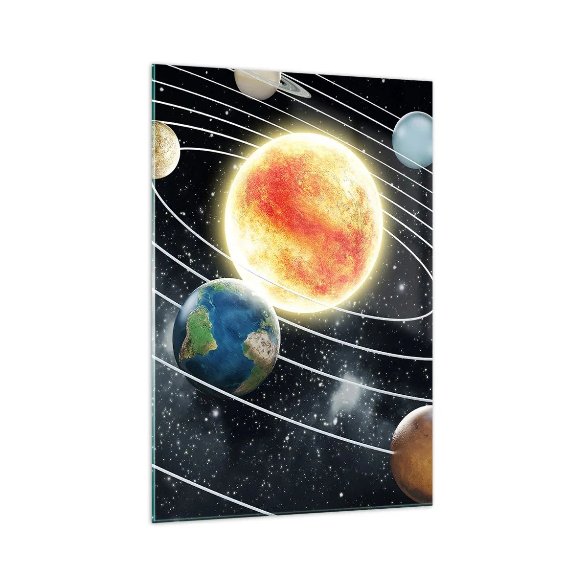 Cuadro sobre vidrio - Impresiones sobre Vidrio - Sistema solar con planetas y sol en el espacio. - 70x100cm - Danza cósmica - Decoración de pared moderna para salón y dormitorio ARTTOR