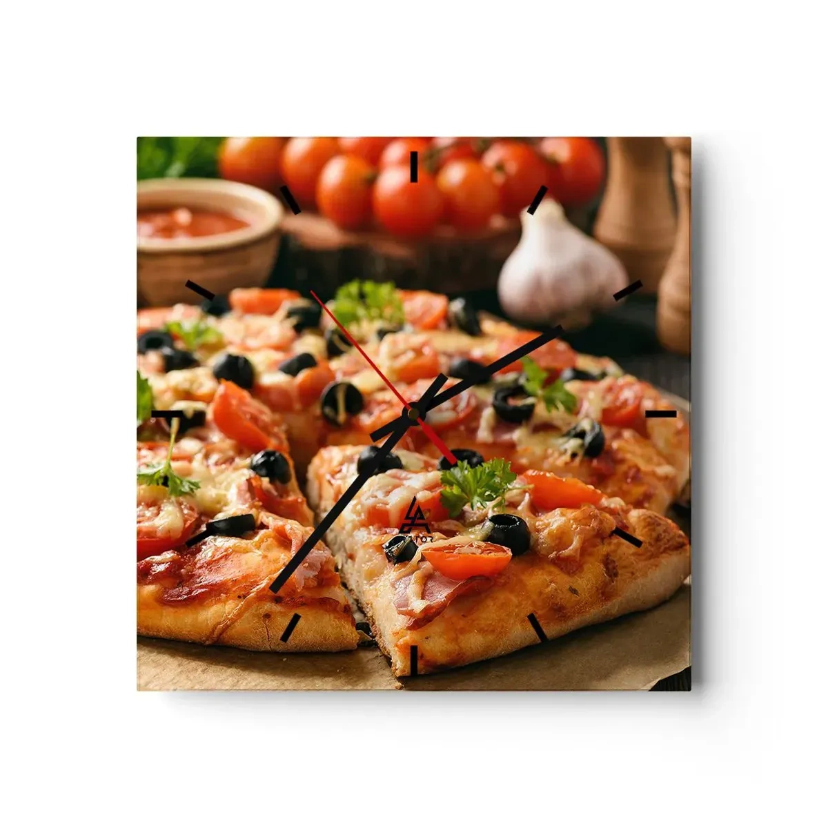Reloj de pared - Reloj de vidrio - Pizza con tomates, aceitunas y hierbas frescas en la mesa. - 30x30cm - Delicioso aroma - Decoración de pared moderna para salón y dormitorio ARTTOR