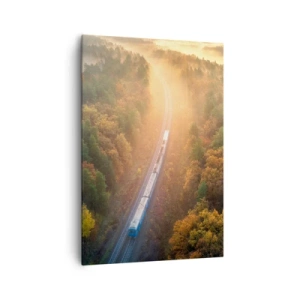 Cuadro sobre lienzo - Impresión de Imagen - Un tren en un bosque otoñal al amanecer. - 70x100cm - Un viaje otoñal - Decoración de pared moderna para salón y dormitorio ARTTOR