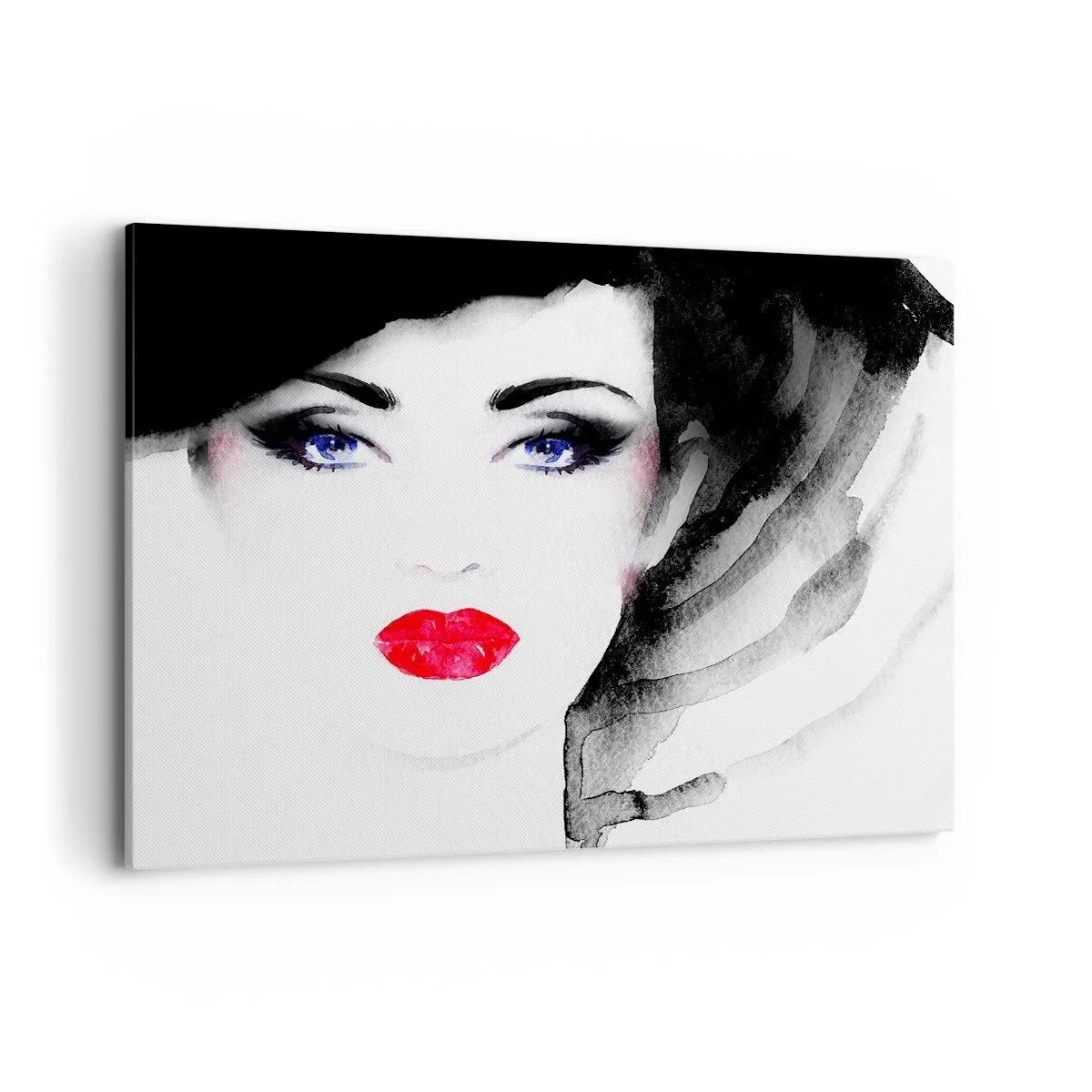Cuadro sobre lienzo - Impresión de Imagen - Retrato de una mujer con labios rojos y ojos azules intensos. - 120x80cm - Lenguaje no verbal - Decoración de pared moderna para salón y dormitorio ARTTOR