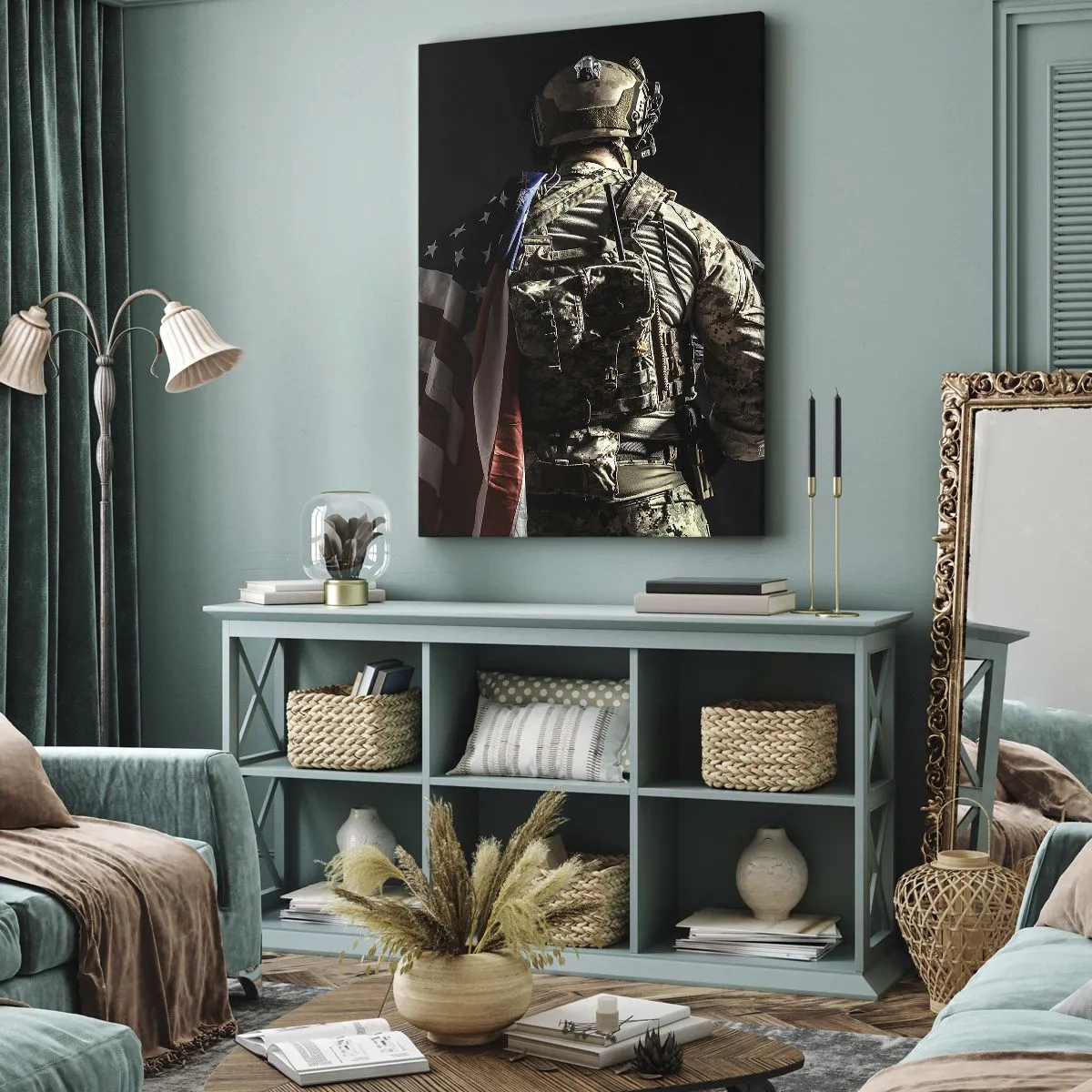 Cuadro sobre lienzo - Impresión de Imagen - Un soldado uniformado con una bandera sobre un fondo oscuro. - 80x120cm - Por eso lucho - Decoración de pared moderna para salón y dormitorio ARTTOR