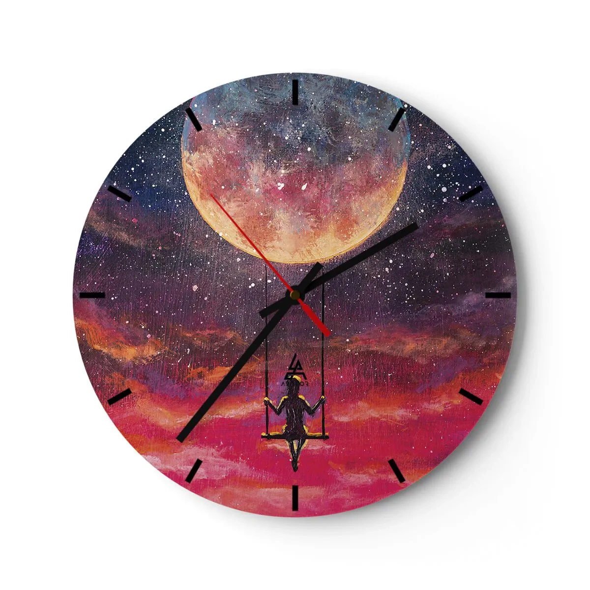 Reloj de pared - Reloj de vidrio - Una niña en un columpio suspendido bajo la luna. - 30x30cm - Disfrutar de las nubes - Decoración de pared moderna para salón, cocina y dormitorio ARTTOR