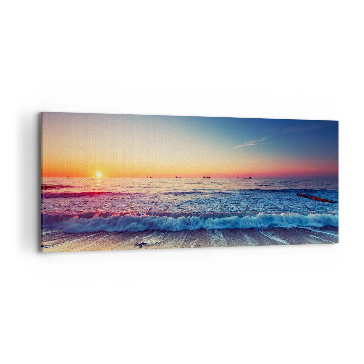 Cuadro sobre lienzo - Impresión de Imagen - Puesta de sol sobre un mar tranquilo con olas - 120x50cm - ¿Y qué hay tras el horizonte? - Decoración de pared moderna para salón y dormitorio ARTTOR