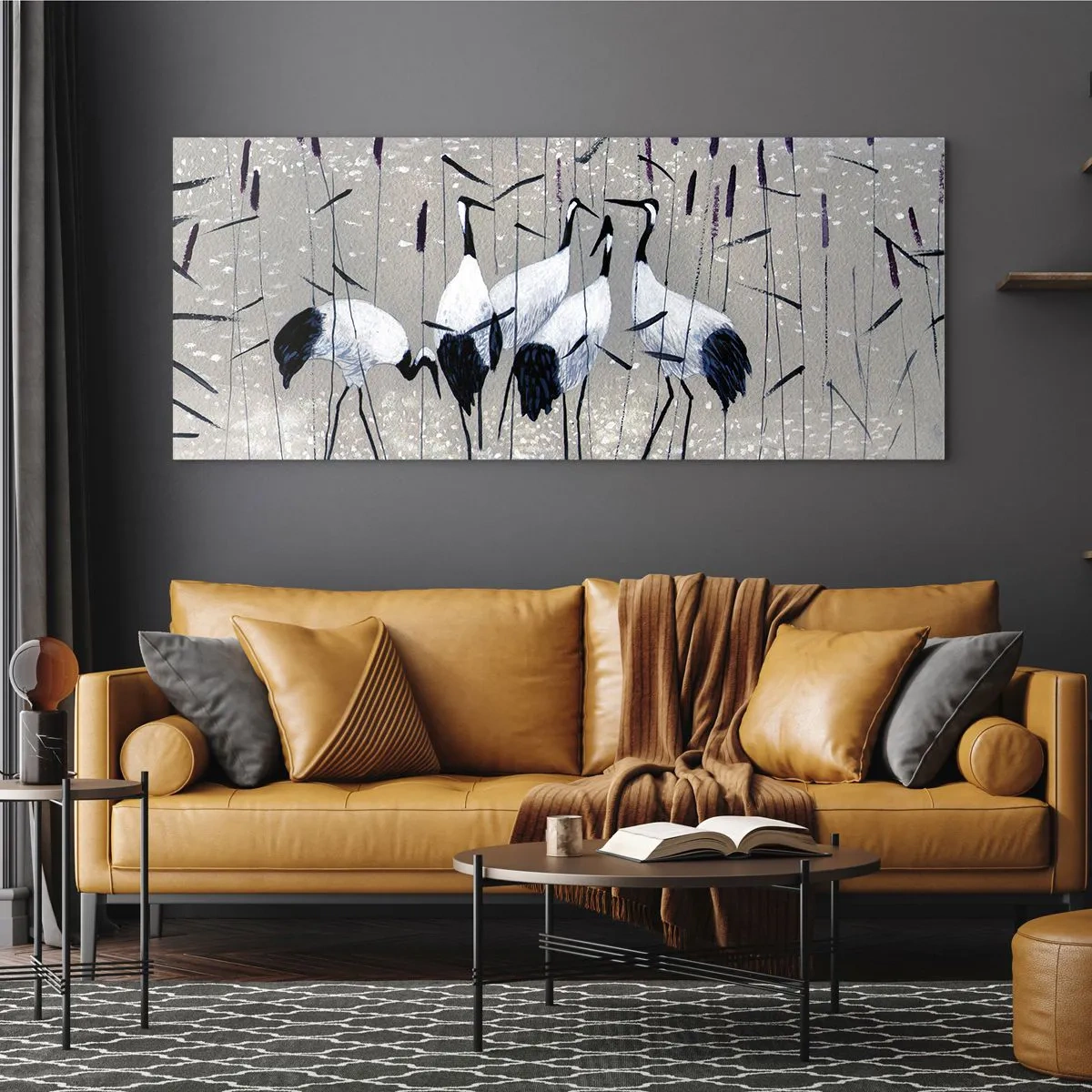 Cuadro sobre vidrio - Impresiones sobre Vidrio - Garzas en la hierba contra un fondo tranquilo - 120x50cm - Entre los suyos - Decoración de pared moderna para salón y dormitorio ARTTOR