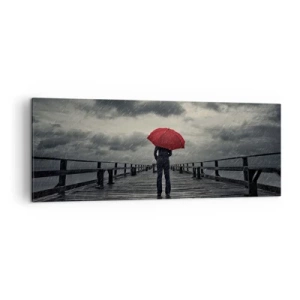 Cuadro sobre lienzo - Impresión de Imagen - Una persona con un paraguas rojo en un muelle lluvioso. - 140x50cm - No importa que llueva - Decoración de pared moderna para salón y dormitorio ARTTOR