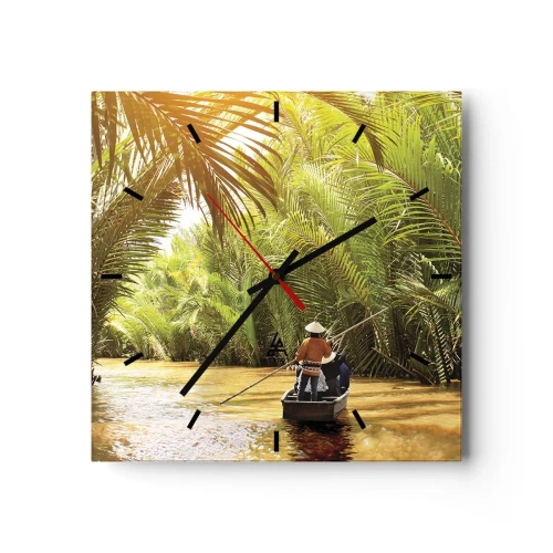 Reloj de pared - Reloj de vidrio - Un barco en un río rodeado de vegetación tropical. - 30x30cm - En un túnel de palmeras - Decoración de pared moderna para salón y dormitorio ARTTOR