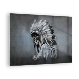 Cuadro sobre vidrio - Impresiones sobre Vidrio - Retrato de un hombre con un tocado de plumas sobre un fondo gris oscuro. - 70x50cm - Regreso a las raíces - Decoración de pared moderna para salón y dormitorio ARTTOR