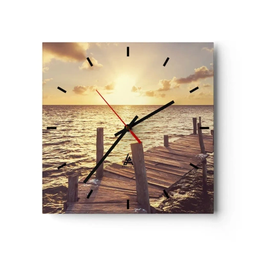 Reloj de pared - Reloj de vidrio - Un embarcadero de madera que conduce hacia la puesta del sol. - 30x30cm - Una tierra dorada de dulzura - Decoración de pared moderna para salón y dormitorio ARTTOR