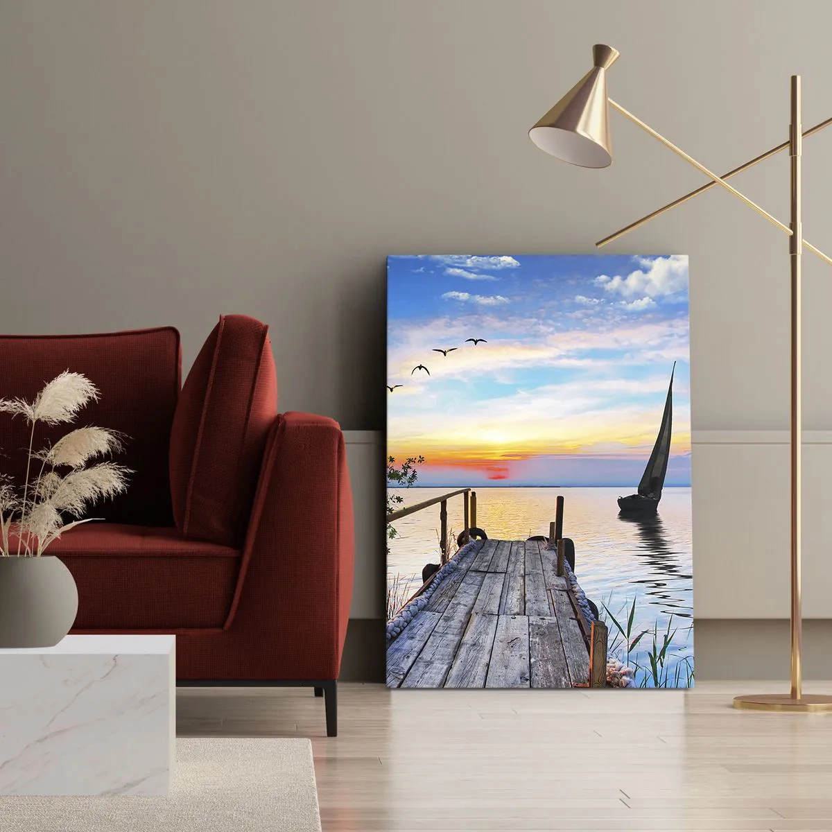 Cuadro sobre lienzo - Impresión de Imagen - Muelle del lago con barco y puesta de sol - 50x70cm - Que llegue la noche - Decoración de pared moderna para salón y dormitorio ARTTOR