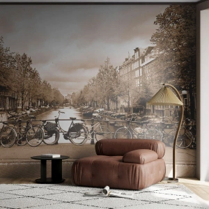 Fotomural Premium Sand - Puente de estilo retro con bicicletas sobre el canal. - 100x70cm - Holanda solo hay una - Decoración de pared moderna para salón y dormitorio ARTTOR
