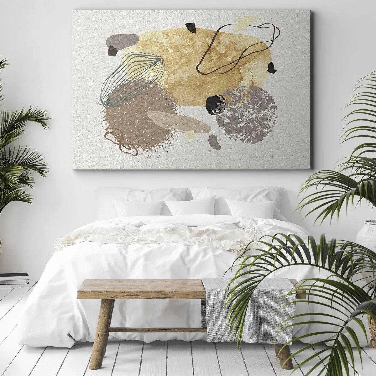 Cuadro sobre lienzo - Impresión de Imagen - Una composición de formas abstractas en beige y amarillo. - 70x50cm - Plumología aplicada - Decoración de pared moderna para salón y dormitorio ARTTOR