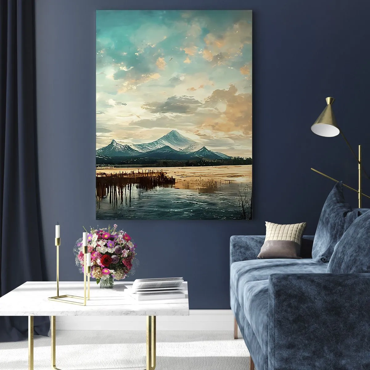 Cuadro sobre vidrio - Impresiones sobre Vidrio - Paisaje invernal con montañas y un lago congelado. - 50x70cm - Bajo la protección del cielo - Decoración de pared moderna para salón y dormitorio ARTTOR