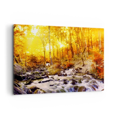 Cuadro sobre lienzo - Impresión de Imagen - Bosque otoñal con un arroyo entre hojas doradas - 100x70cm - Piedras bañadas en oro y platino - Decoración de pared moderna para salón y dormitorio ARTTOR