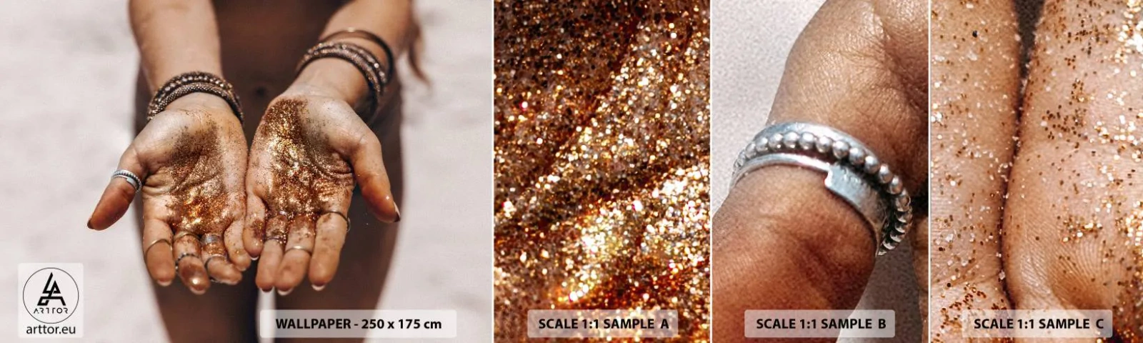 Muestra De Fotomural Standard Eco - Un regalo para ti - manos de mujer, bohemia, Oro - 100x30 cm