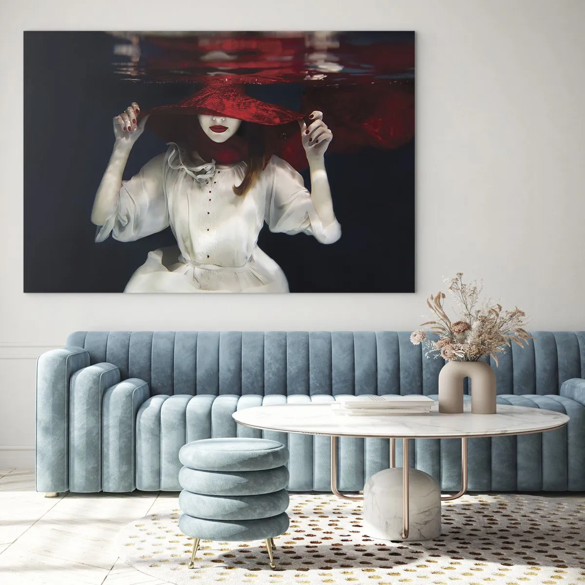 Cuadro sobre vidrio - Impresiones sobre Vidrio - Mujer con sombrero rojo bajo el agua - 70x50cm - Blanco y rojo - Decoración de pared moderna para salón y dormitorio ARTTOR