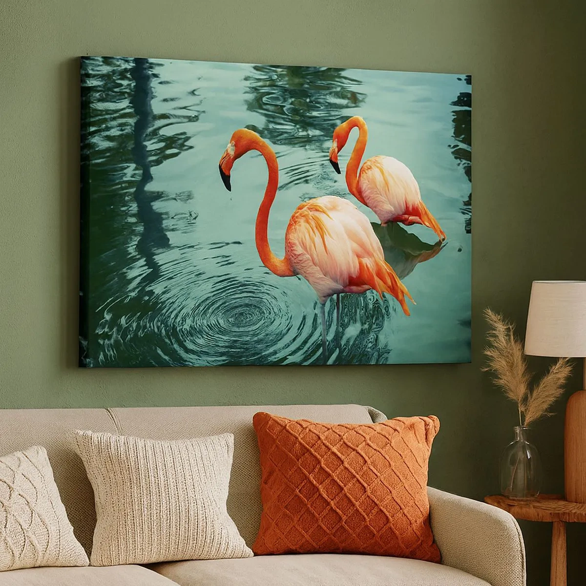 Cuadro sobre lienzo - Impresión de Imagen - Dos flamencos en el agua tranquila reflejando su entorno. - 70x50cm - Estamos de moda - Decoración de pared moderna para salón y dormitorio ARTTOR