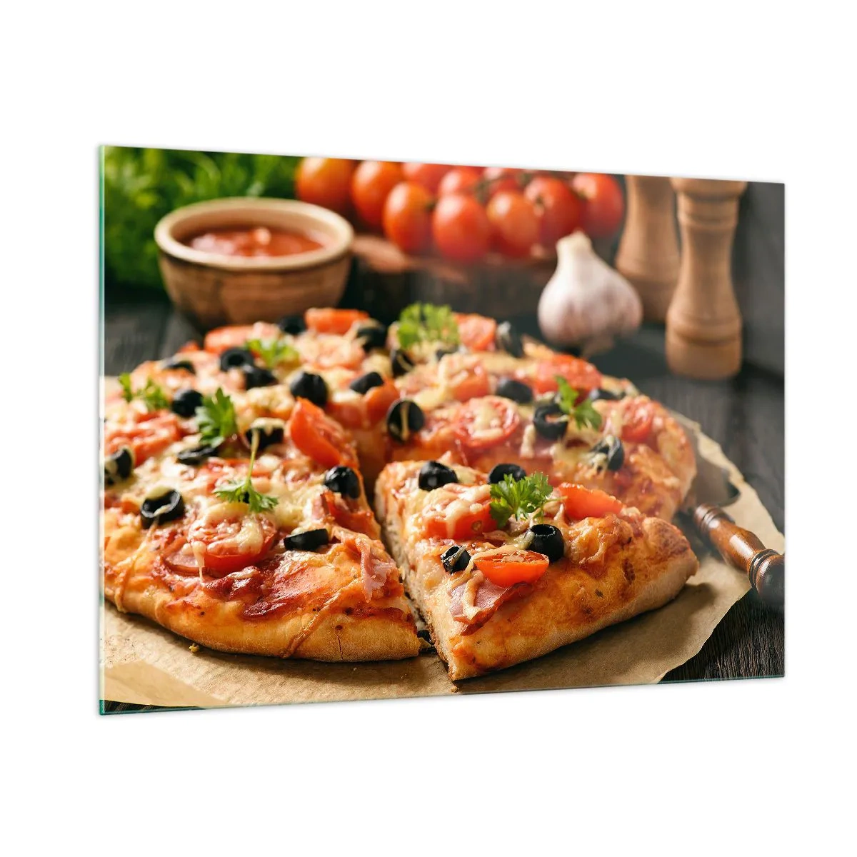 Cuadro sobre vidrio - Impresiones sobre Vidrio - Deliciosa pizza con tomates, aceitunas y hierbas. - 100x70cm - Delicioso aroma - Decoración de pared moderna para salón y dormitorio ARTTOR