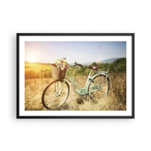 Póster en marco negro - Una bicicleta retro con una cesta llena de flores sobre un fondo de pradera. - 70x50cm - Me quedaré aquí un tiempo - Decoración de pared moderna para salón y dormitorio ARTTOR