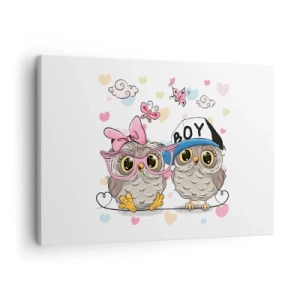 Cuadro sobre lienzo - Impresión de Imagen - Dos adorables búhos rodeados de corazones. - 70x50cm - El amor - Decoración de pared moderna para salón y dormitorio ARTTOR