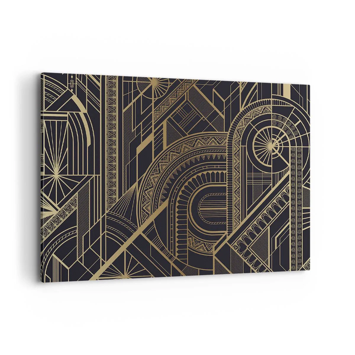 Cuadro sobre lienzo - Impresión de Imagen - Patrones geométricos dorados sobre fondo negro en estilo Art Déco - 100x70cm - Conceptos, ideas, planes - Decoración de pared moderna para salón y dormitorio ARTTOR