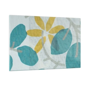 Cuadro sobre vidrio - Impresiones sobre Vidrio - Un gráfico de planta con hojas azules y flores amarillas. - 120x80cm - Entre hojas azules - Decoración de pared moderna para salón y dormitorio ARTTOR