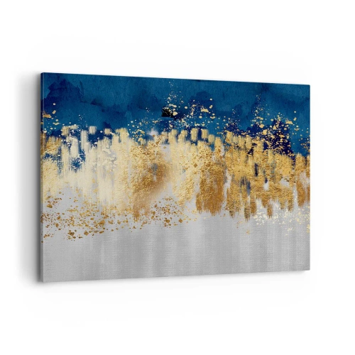 Cuadro sobre lienzo - Impresión de Imagen - Una composición abstracta en tonos dorados y azul marino. - 120x80cm - Composición moderna con chispas - Decoración de pared moderna para salón y dormitorio ARTTOR