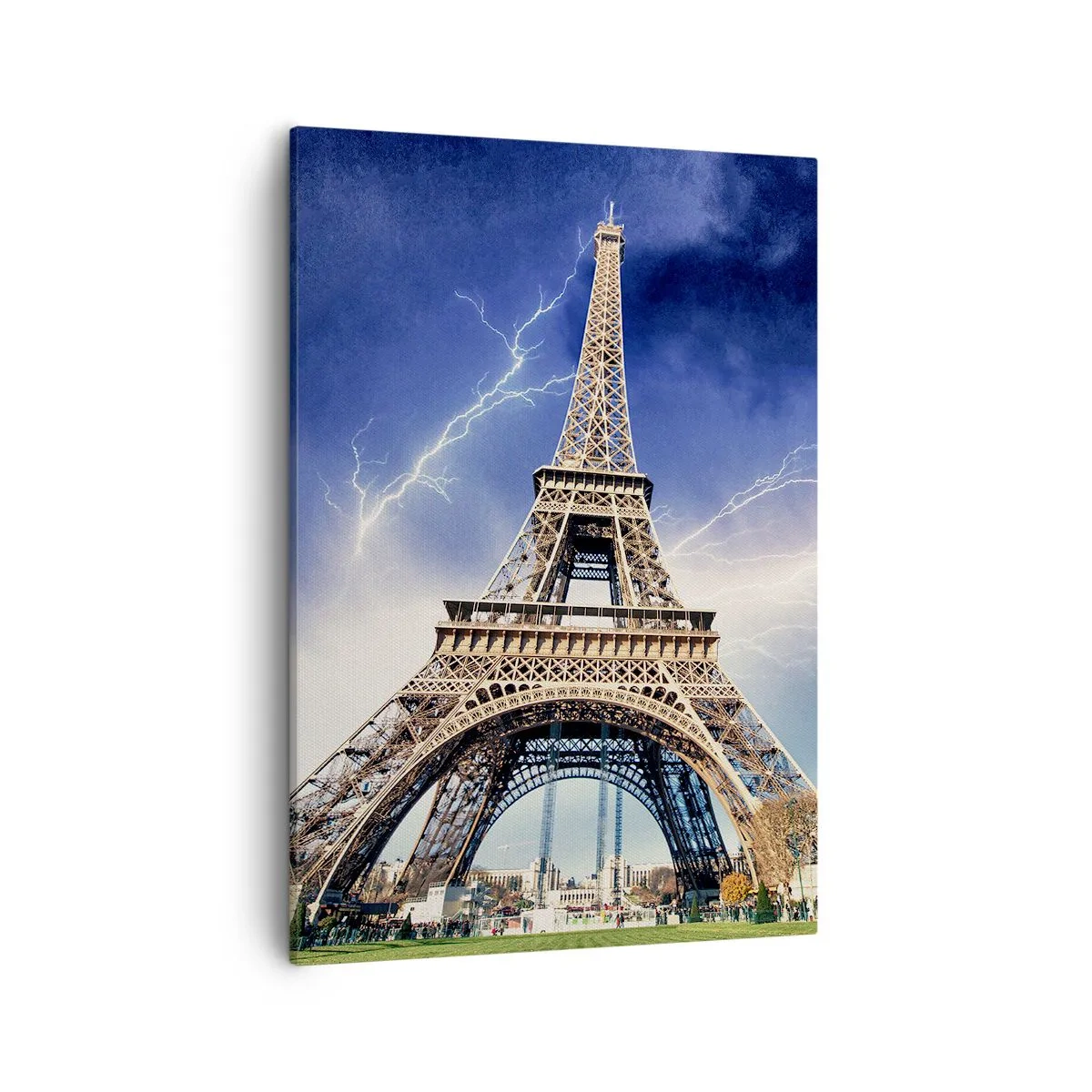 Cuadro sobre lienzo - Impresión de Imagen - La Torre Eiffel con un cielo tormentoso y relámpagos al fondo. - 50x70cm - Reina sobre las tormentas - Decoración de pared moderna para salón y dormitorio ARTTOR