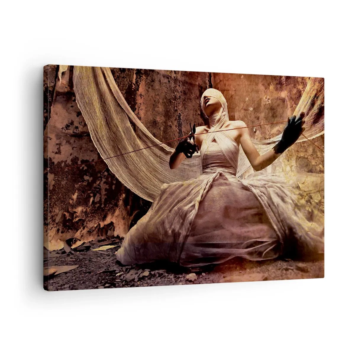 Cuadro sobre lienzo - Impresión de Imagen - Una mujer con un vestido, la cara cubierta y unas tijeras en las manos. - 70x50cm - Diosa del destino - Decoración de pared moderna para salón y dormitorio ARTTOR