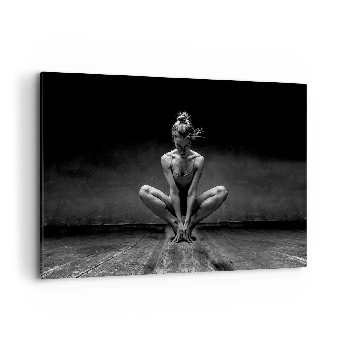 Cuadro sobre lienzo - Impresión de Imagen - Un retrato en blanco y negro de una bailarina en plena concentración. - 120x80cm - Concentración de energía del baile - Decoración de pared moderna para salón y dormitorio ARTTOR