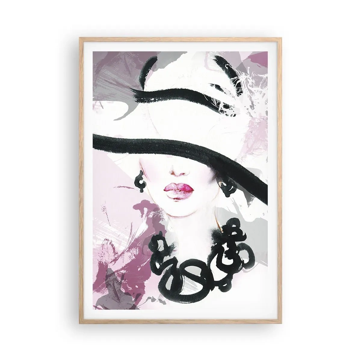Póster en marco roble claro - Retrato de una dama en negro y rosa - 70x100 cm