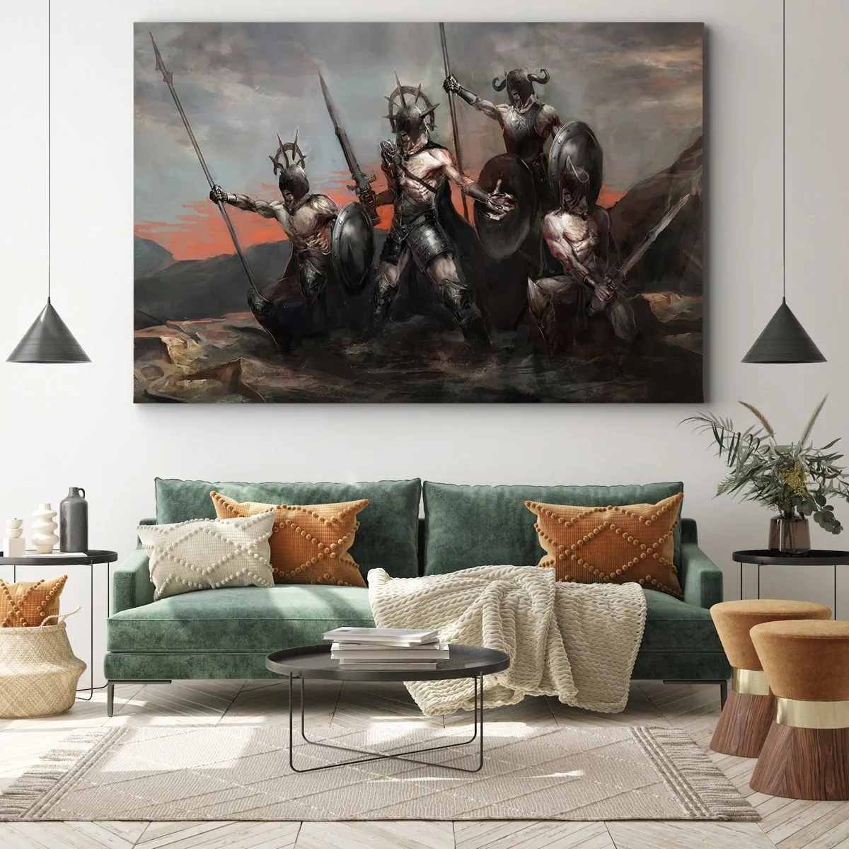 Cuadro sobre lienzo - Impresión de Imagen - Un grupo de guerreros con armadura y lanzas con el atardecer como telón de fondo. - 70x50cm - Escudo con escudo - Decoración de pared moderna para salón y dormitorio ARTTOR