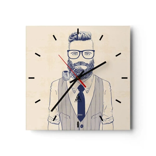 Reloj de pared - Reloj de vidrio - Hombre estilizado con barba, pipa y gafas. - 30x30cm - Alegre, masculino y a la moda - Decoración de pared moderna para salón y dormitorio ARTTOR