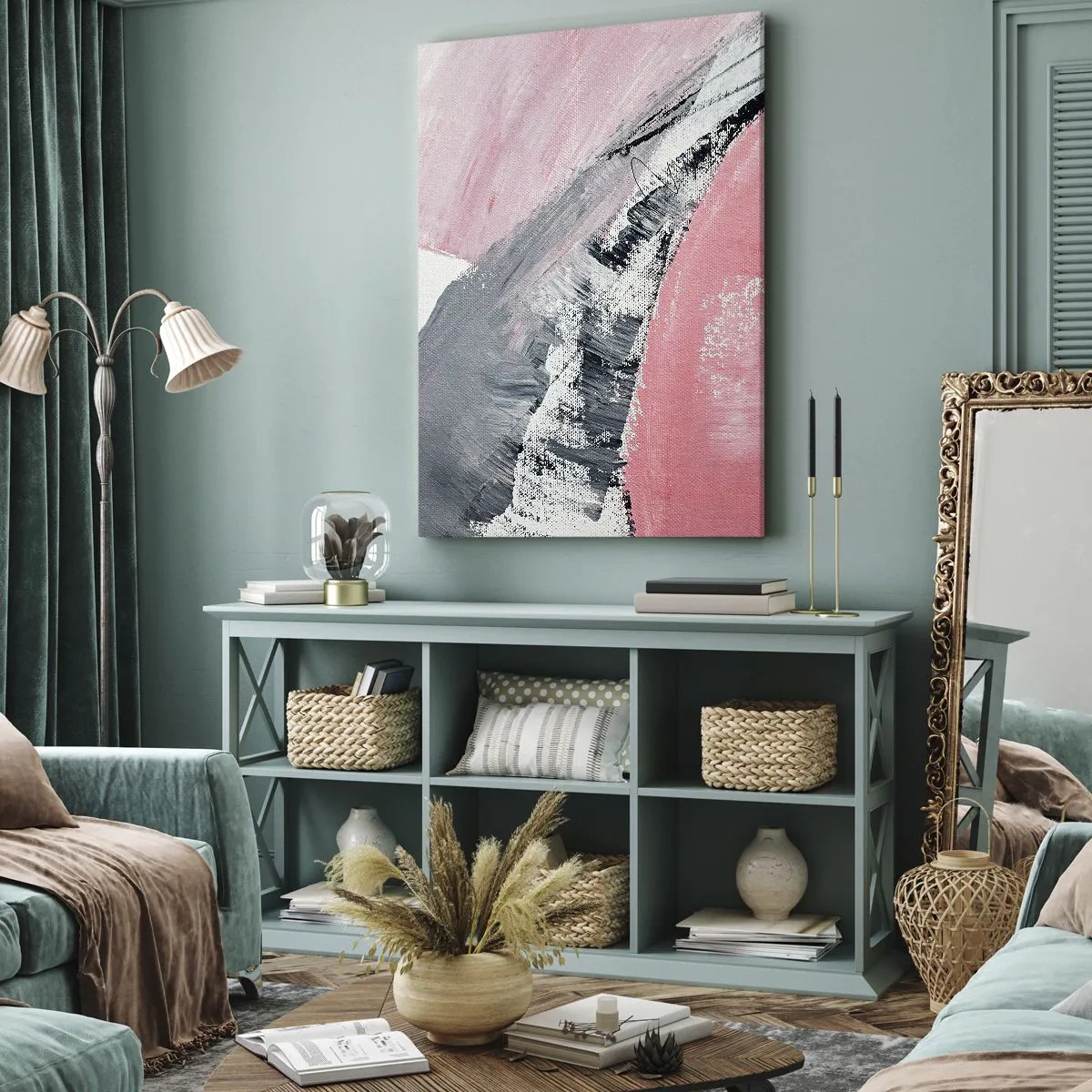 Cuadro sobre lienzo - Impresión de Imagen - Una composición abstracta en tonos rosa y gris. - 50x70cm - Composición a juego - Decoración de pared moderna para salón y dormitorio ARTTOR