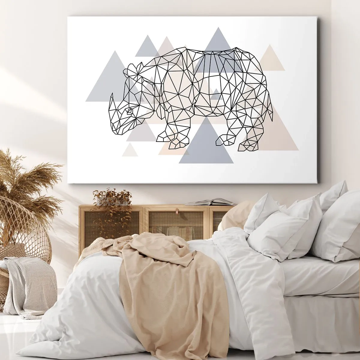 Cuadro sobre lienzo - Impresión de Imagen - Rinoceronte geométrico sobre un fondo de delicados triángulos. - 70x50cm - Estructura de la fuerza - Decoración de pared moderna para salón y dormitorio ARTTOR