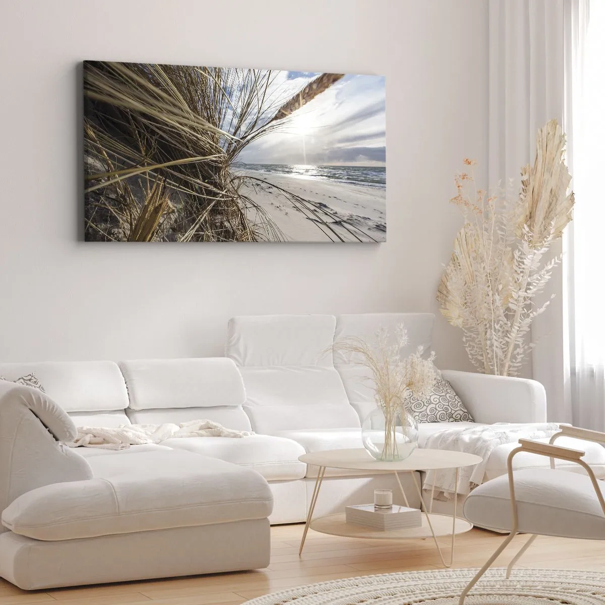 Cuadro sobre lienzo - Impresión de Imagen - Una playa con hierba seca en las dunas y vistas al mar. - 140x50cm - Una reunión de los elementos - Decoración de pared moderna para salón y dormitorio ARTTOR