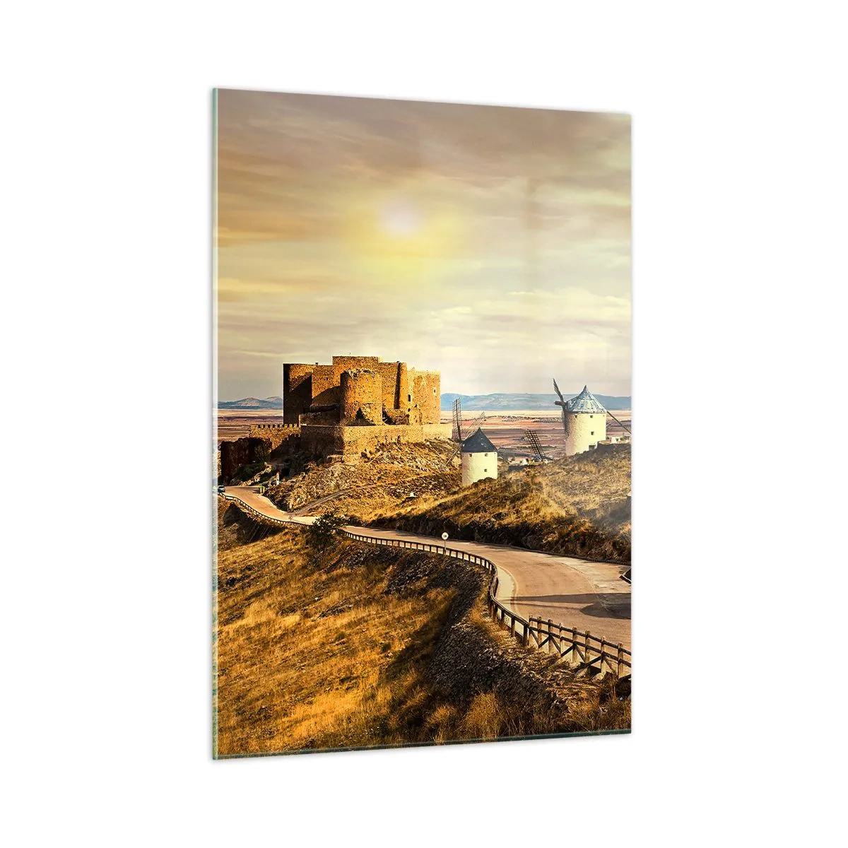 Cuadro sobre vidrio - Impresiones sobre Vidrio - Molinos de viento y un castillo en el paisaje al atardecer. - 50x70cm - Don Quijote los vio - Decoración de pared moderna para salón y dormitorio ARTTOR