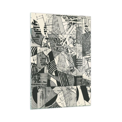 Cuadro sobre vidrio - Impresiones sobre Vidrio - Abstracción en blanco y negro con patrones geométricos dinámicos. - 50x70cm - La dinámica del presente - Decoración de pared moderna para salón y dormitorio ARTTOR